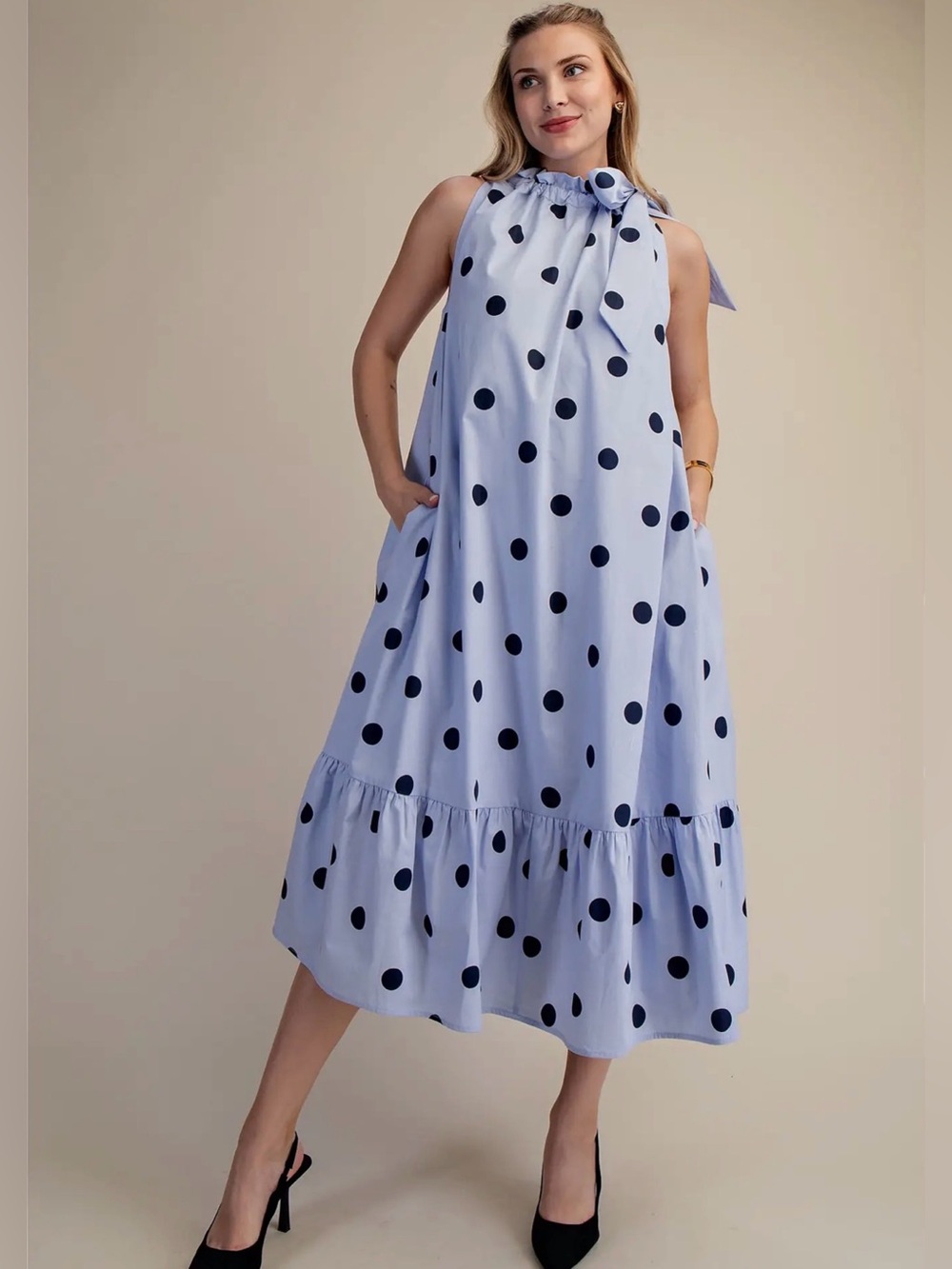 glam Blue Midi Dress with Navy Polka Dots
